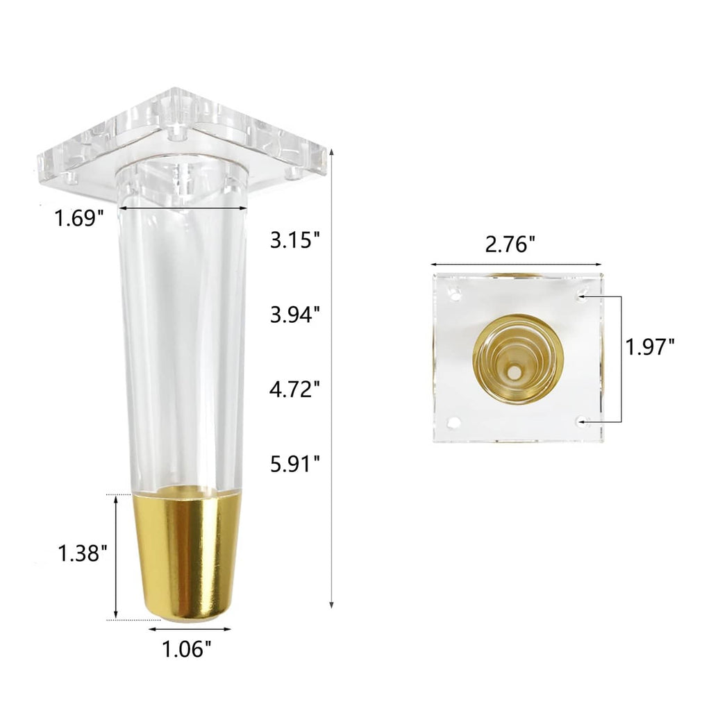 Clear acrylic table leg dimensions with gold bottom sleeve, 4.72 in height