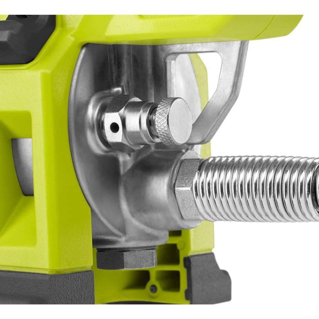 Grease gun head close-up with metal connector and textured adjustment knob