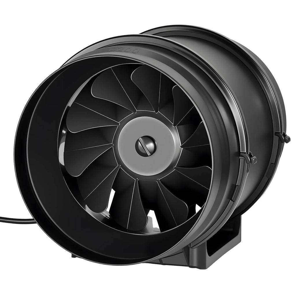 Inline duct fan close-up of black fan blades inside circular duct housing