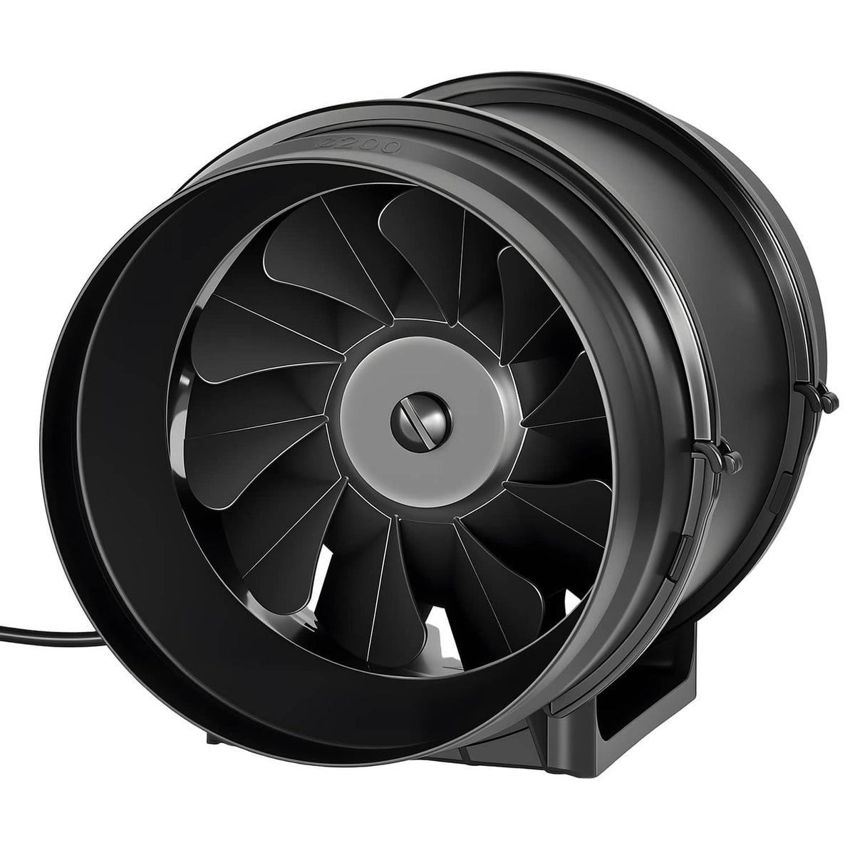 Inline duct fan close-up of black fan blades inside circular duct housing