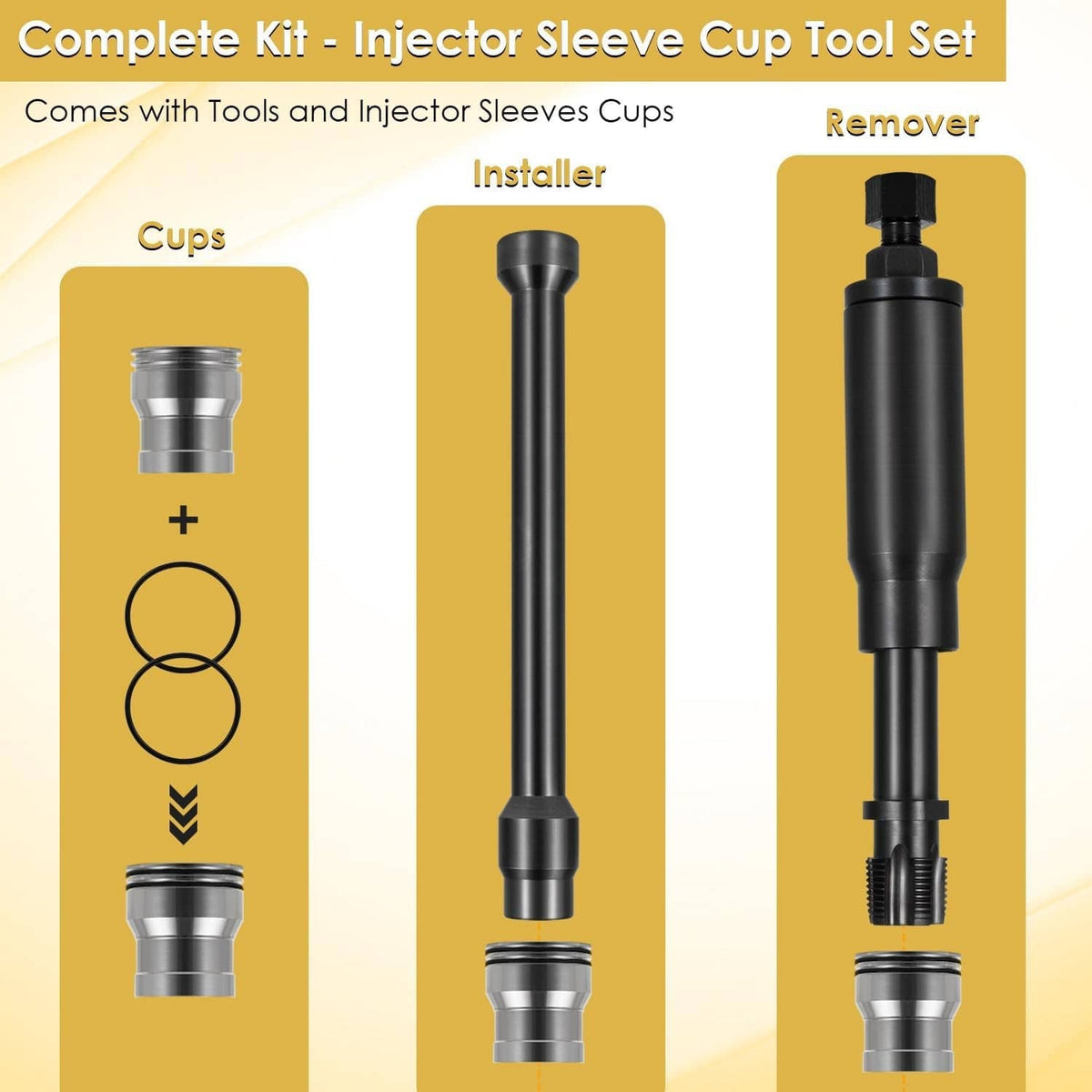Injector sleeve cup tool set with remover and installer plus two metal sleeve cups