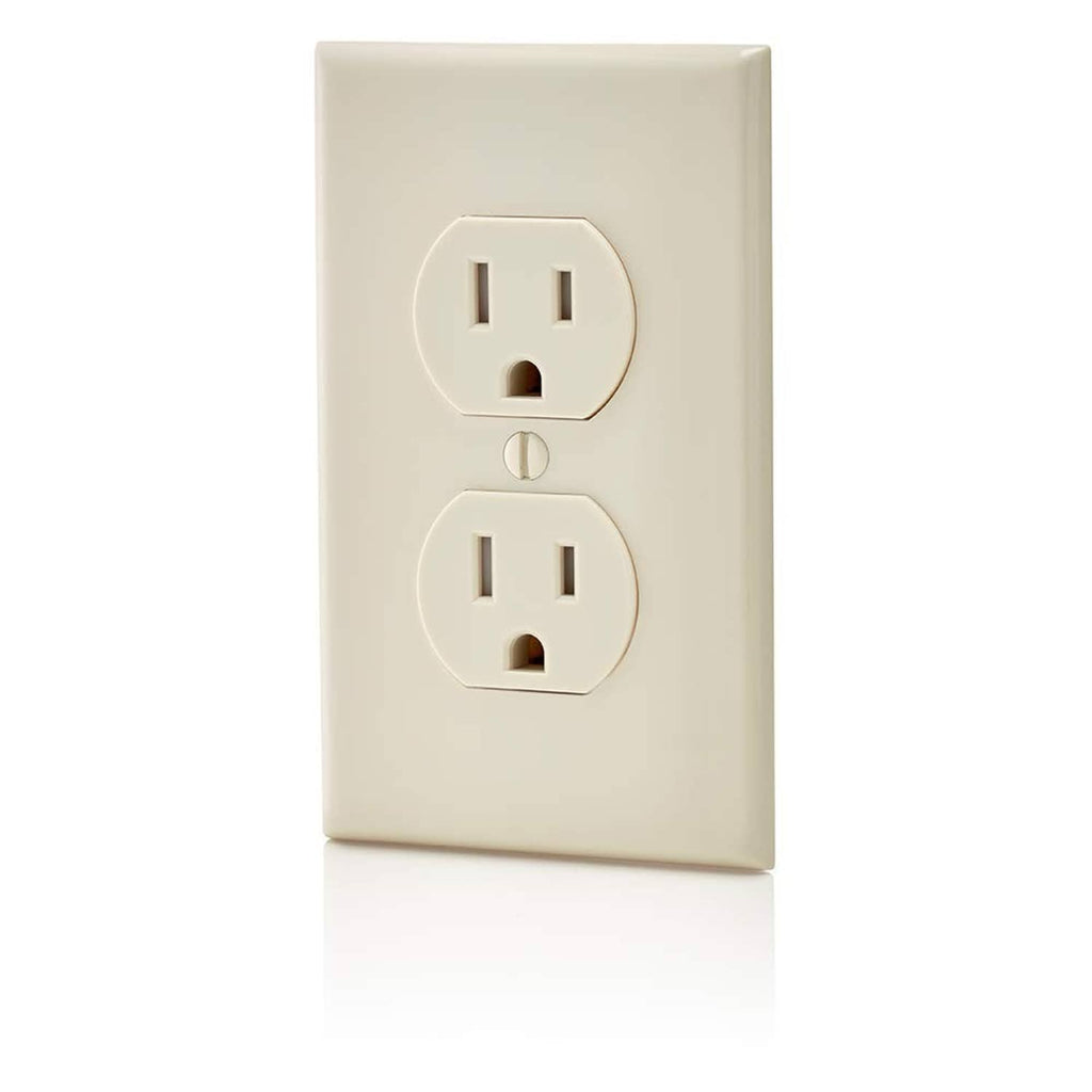 Light almond duplex wall plate with two outlet openings and tamper-resistant shutters