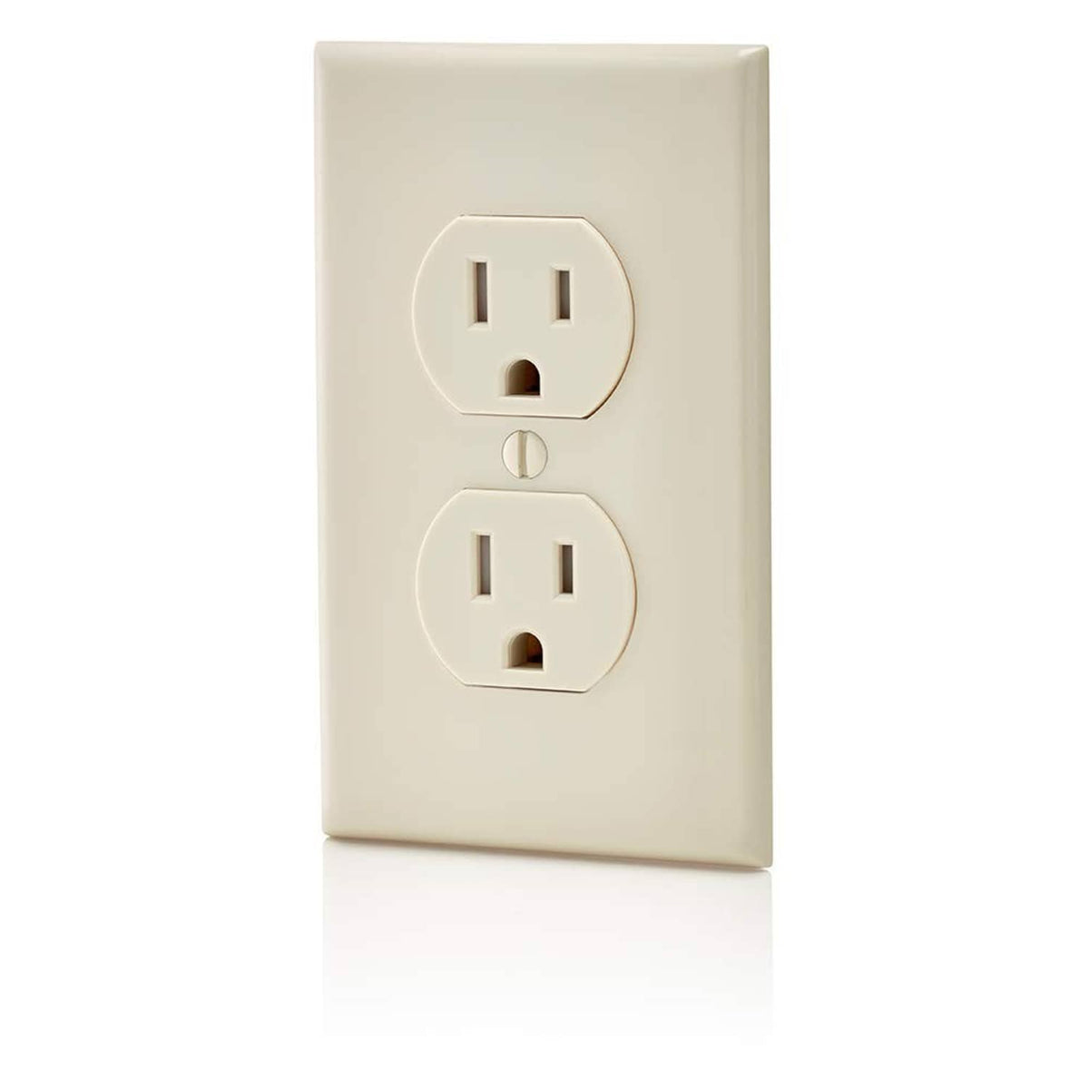 Light almond duplex wall plate with two outlet openings and tamper-resistant shutters