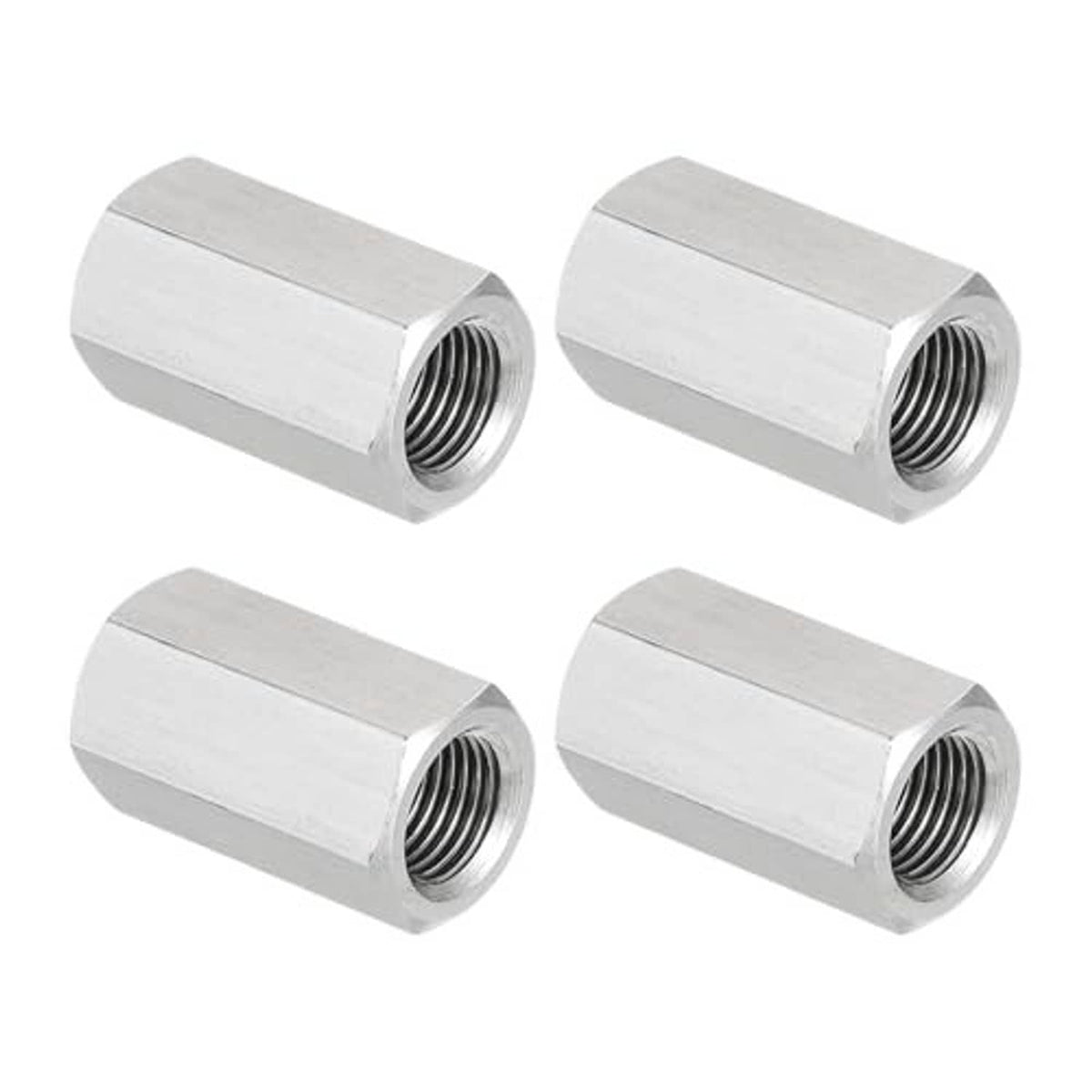 Stainless steel hex coupling nuts set of 4 with polished exterior hex and threaded hole