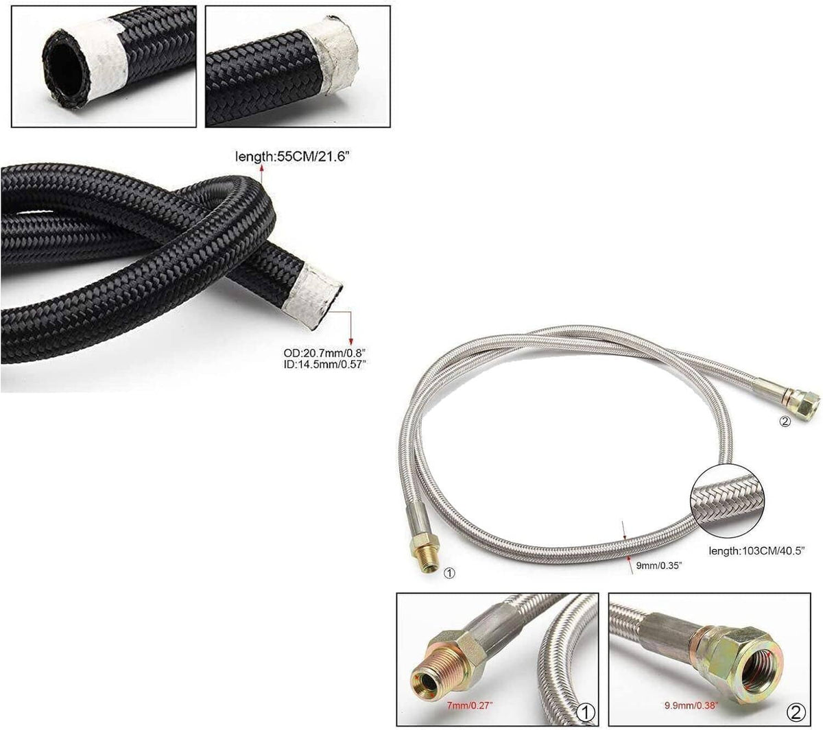 Braided oil lines with metal ends and measurement-labeled connection components
