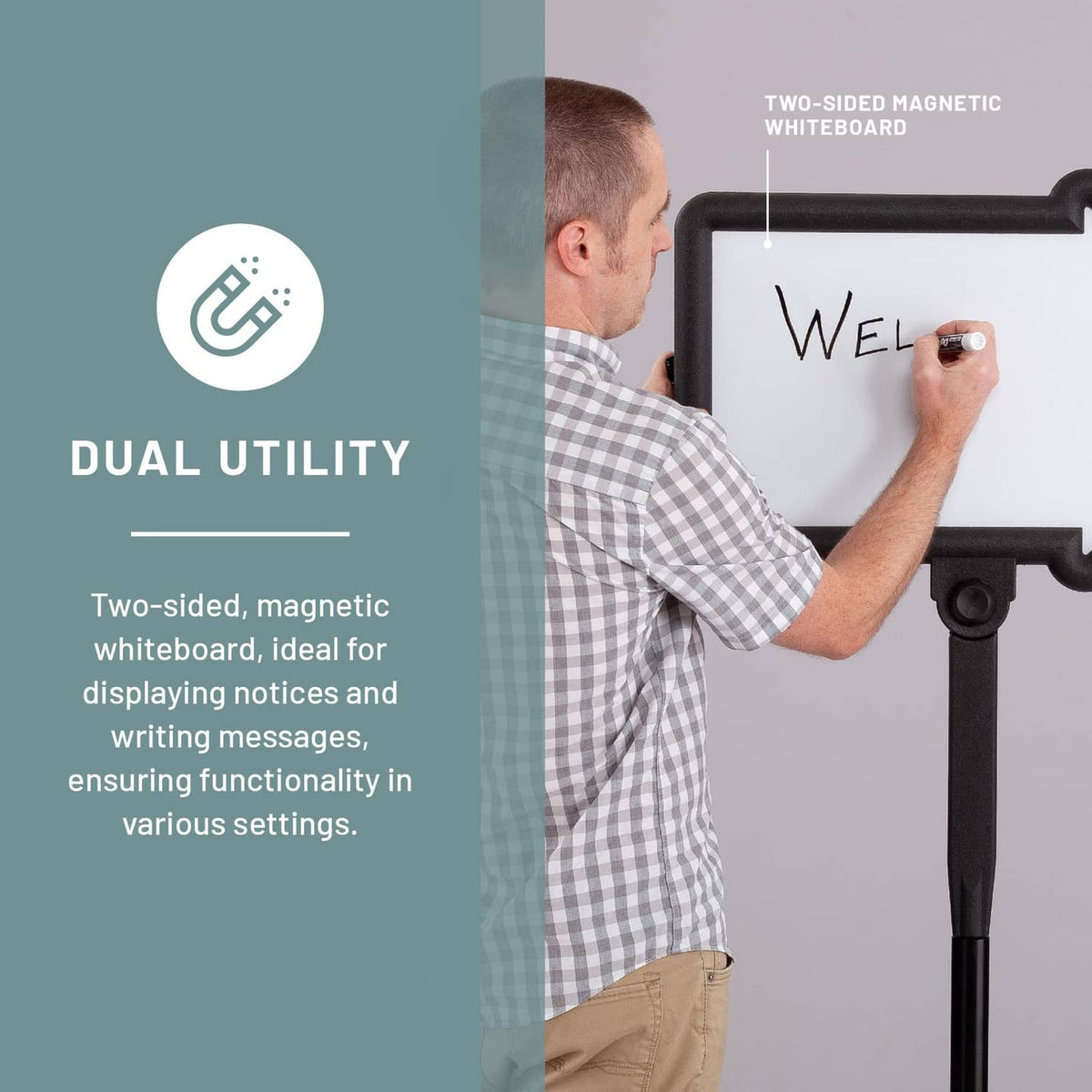 Black arrow magnetic whiteboard sign with handwritten "Well" text