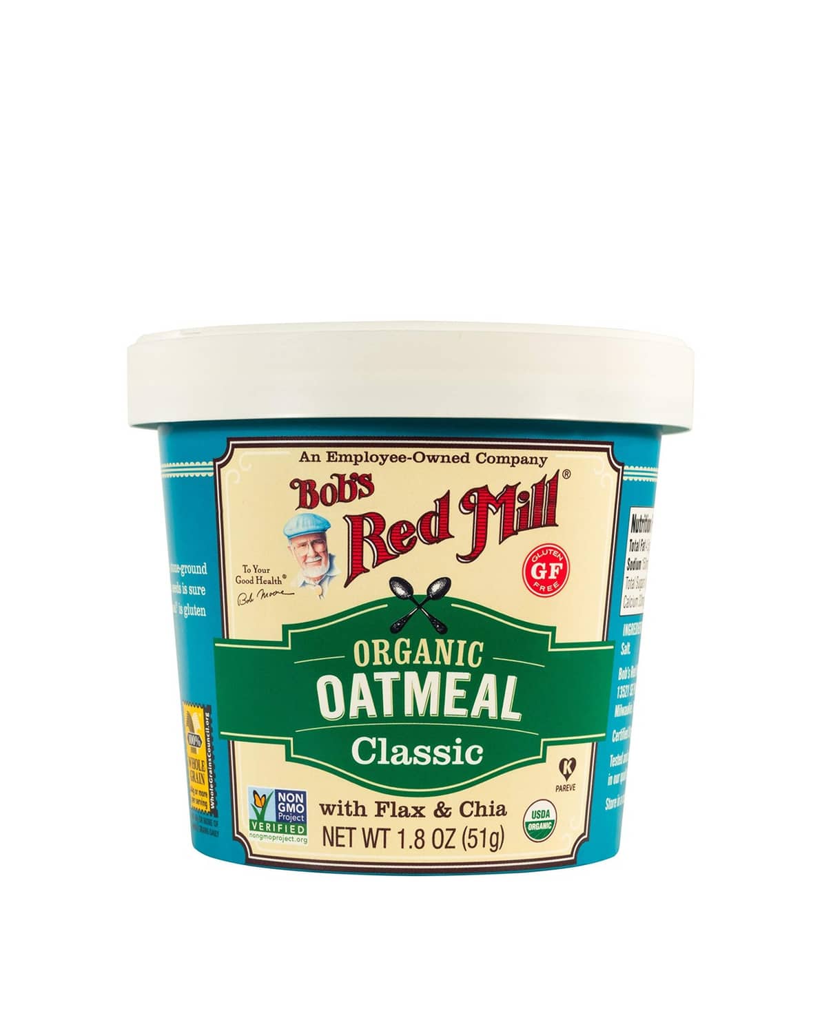 Bob's Red Mill Organic Oatmeal Classic cup with blue and green label