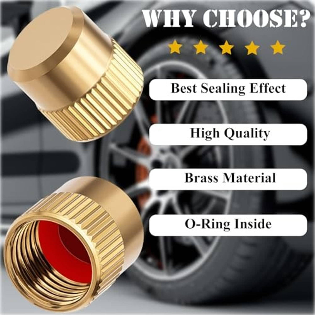 Single gold valve stem cap with red inner seal, ribbed sides detail view.