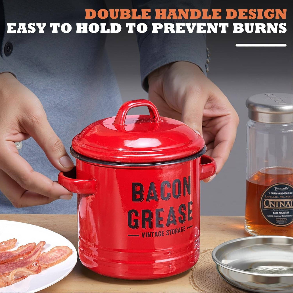 Red bacon grease storage container held with double handles and lid