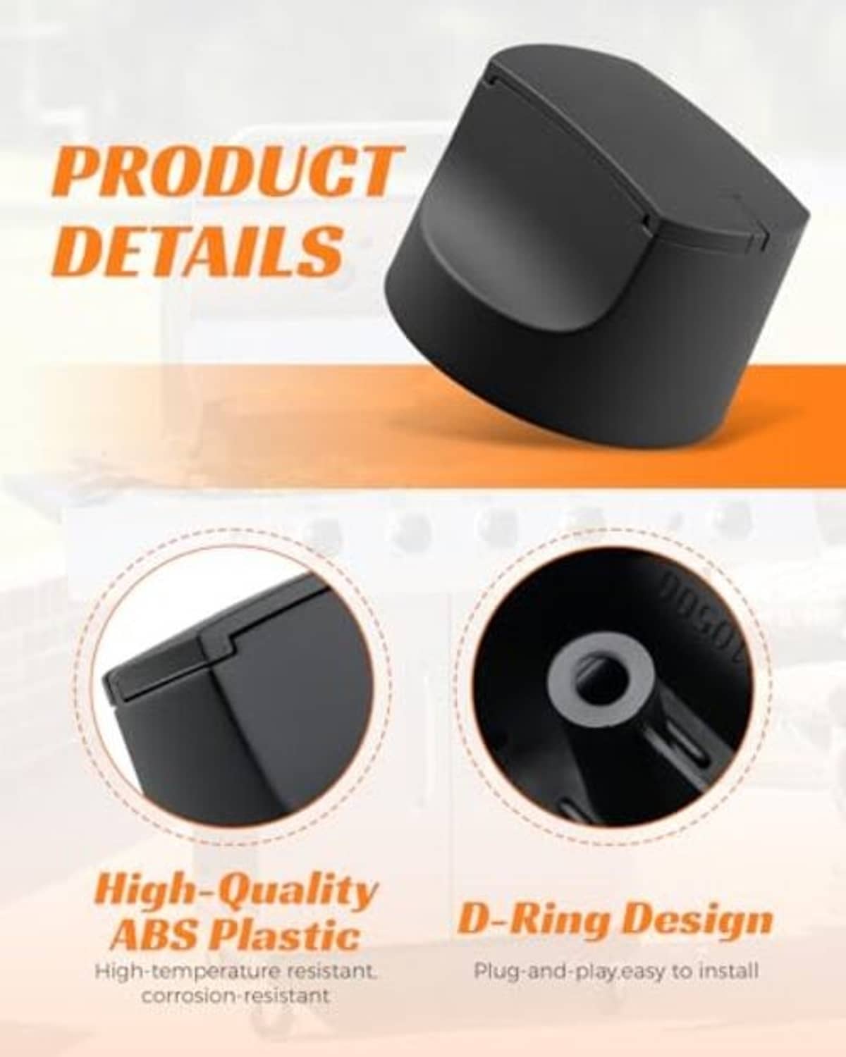 Black ABS grill control knob with textured grip and center control stem opening