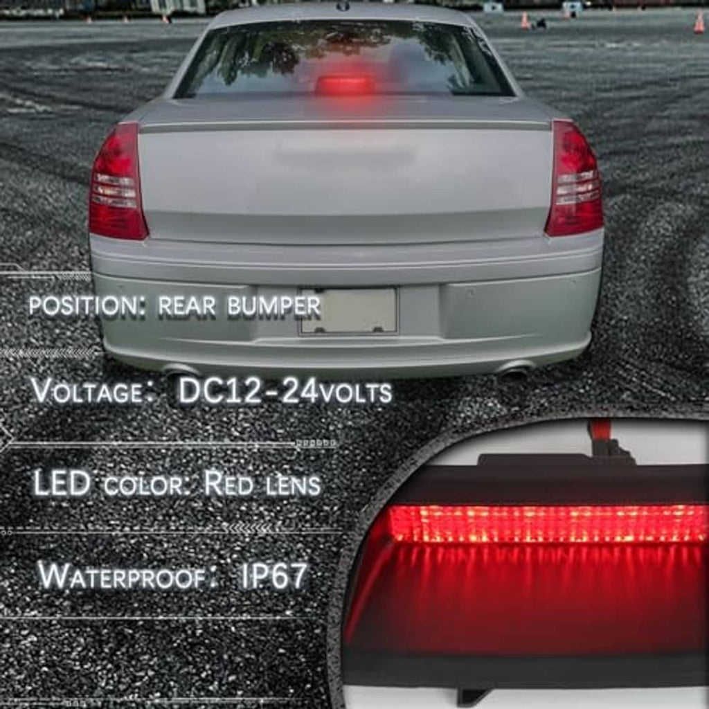 Rear center LED third brake light with black housing and glowing red lens