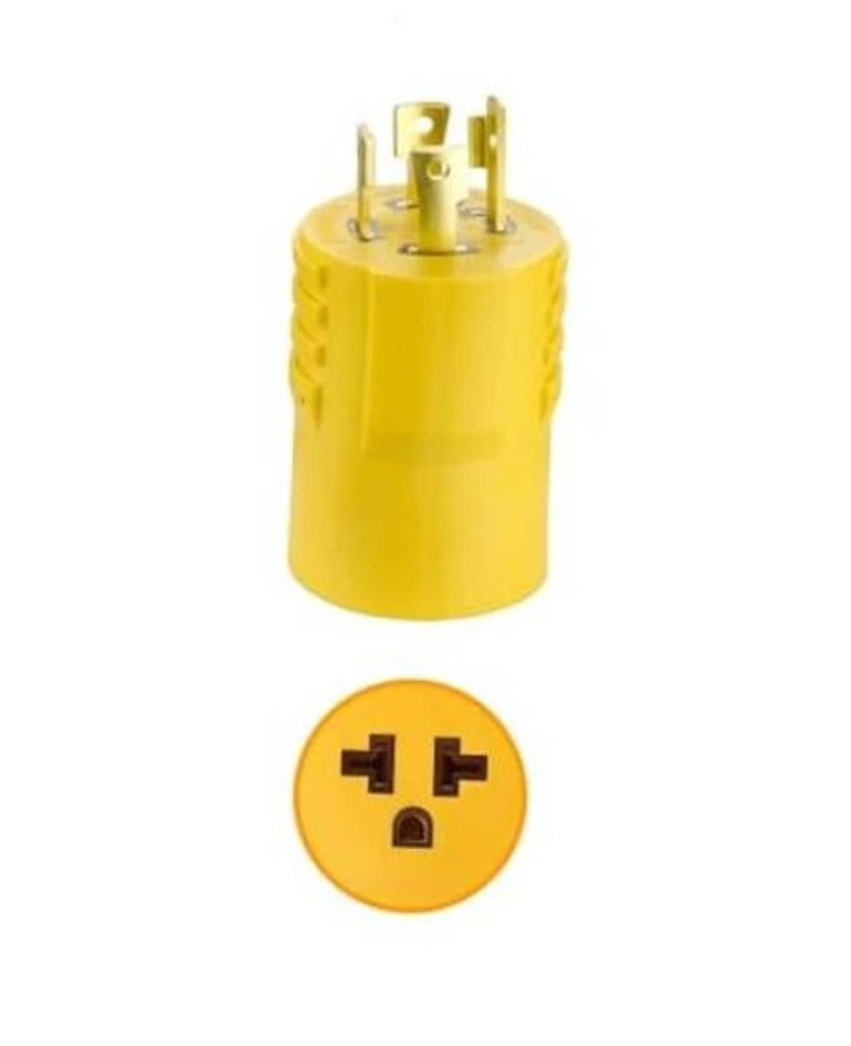 Yellow 4-prong twist-lock plug adapter with male connector prongs