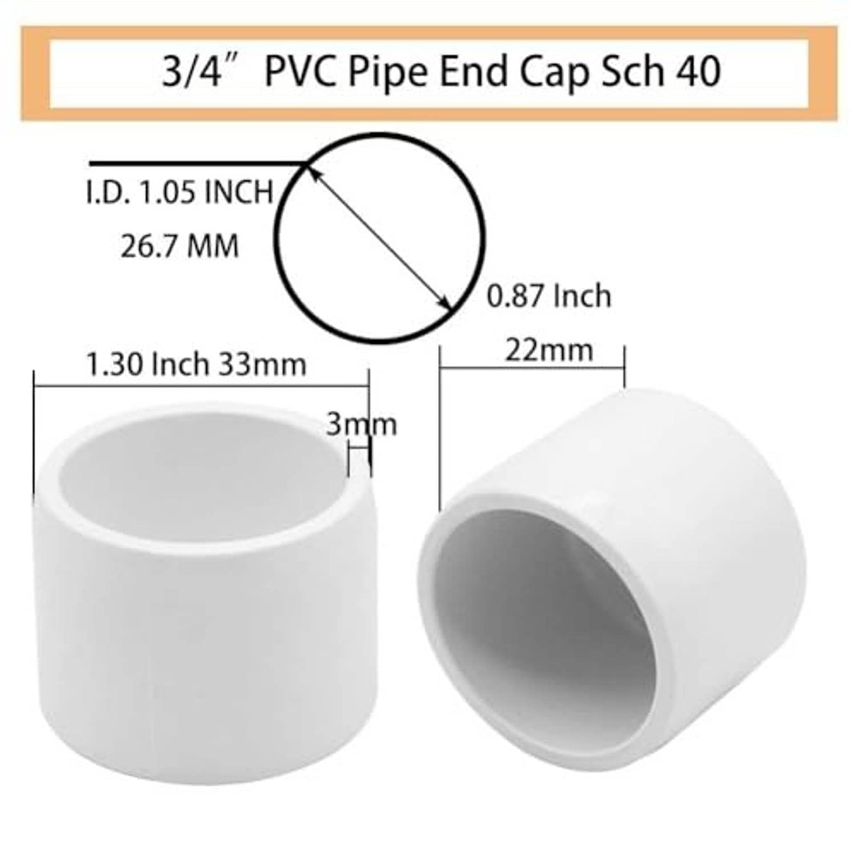 3/4 in PVC pipe end cap (Sch 40) showing opening size and wall thickness