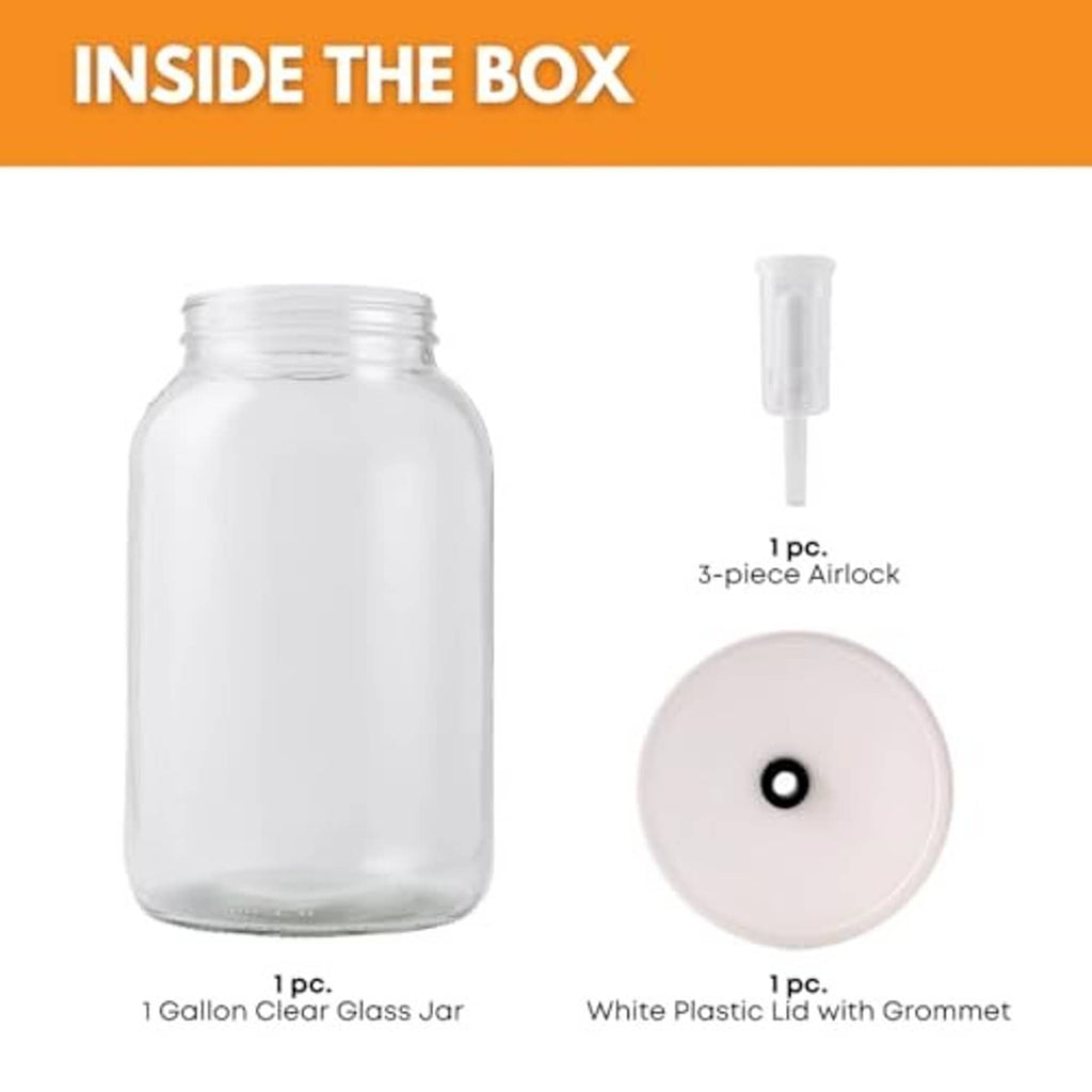 Large clear glass jar with white plastic lid and grommet, plus airlock piece