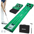 Green mini golf putting mat with printed ball tracks, guide lines, and three target holes