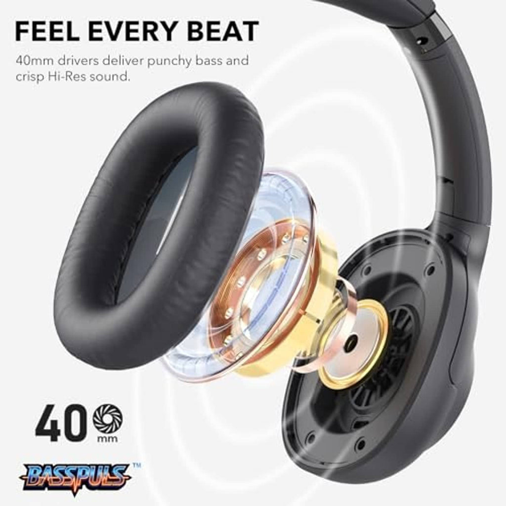 Black over-ear headphones with large cushioned ear cup and visible speaker driver