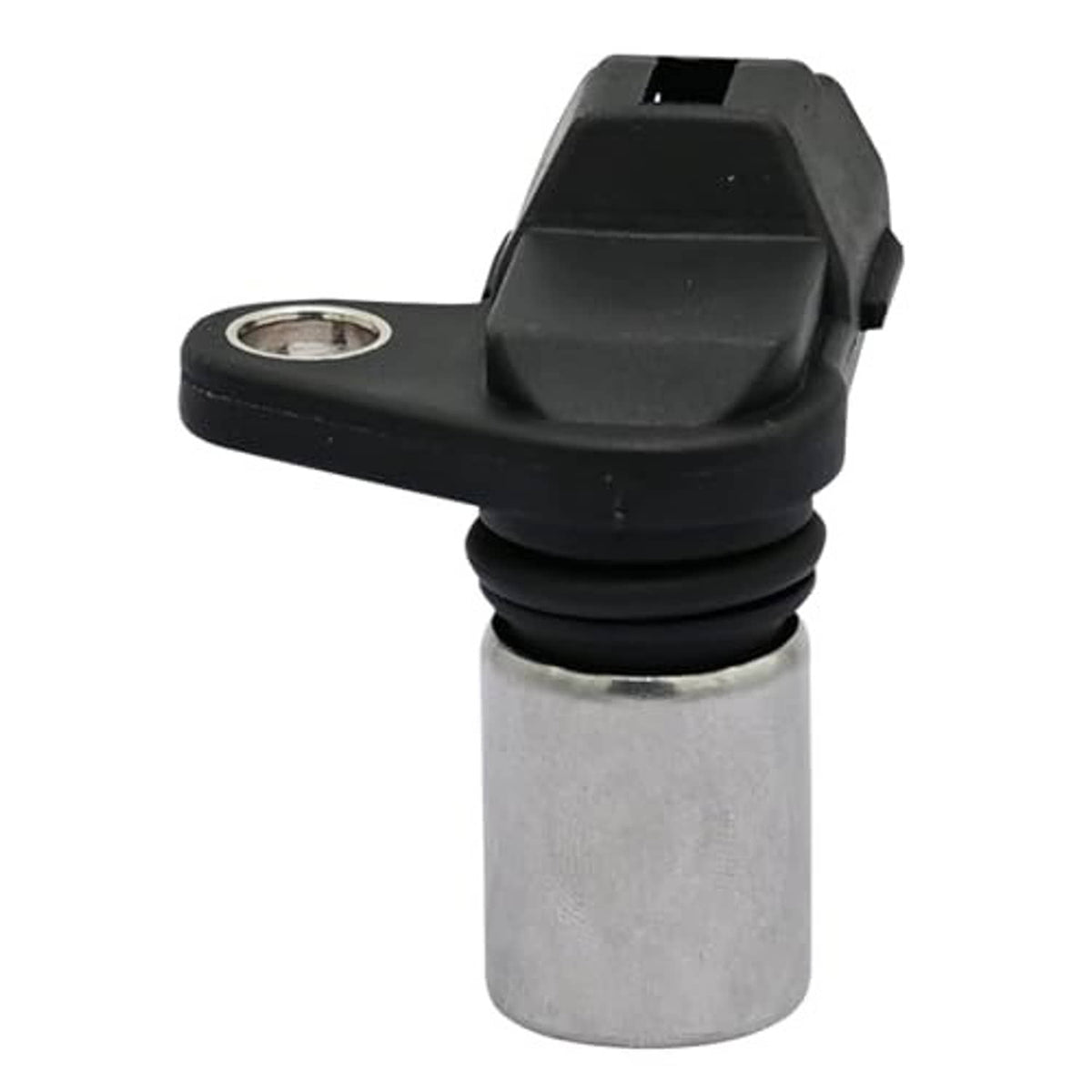 Camshaft position sensor with black housing, spring-style boot, and metal cylinder