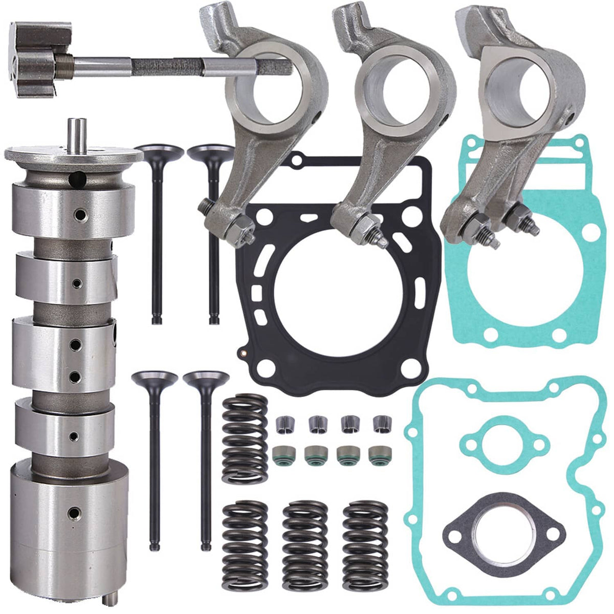 Engine camshaft housing, rocker arms, valve springs, and gasket plates with fasteners