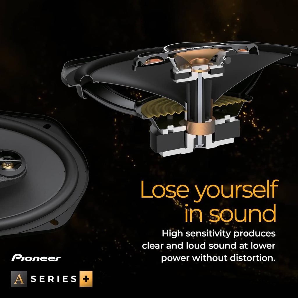Coaxial car speaker with internal crossover and mounting components shown in cutaway