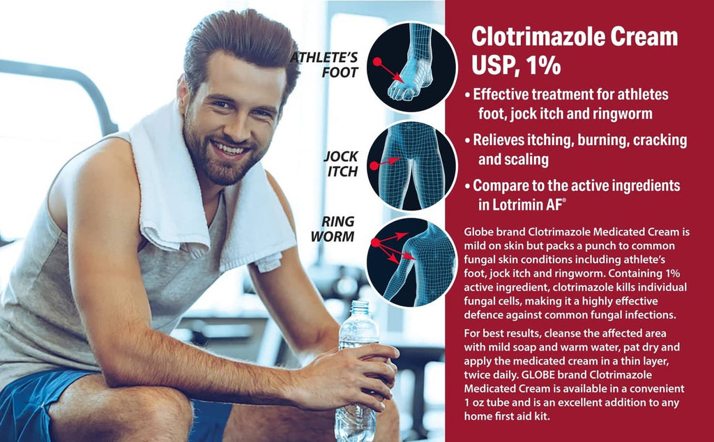 Antifungal cream retail card showing athlete and foot treatment callouts