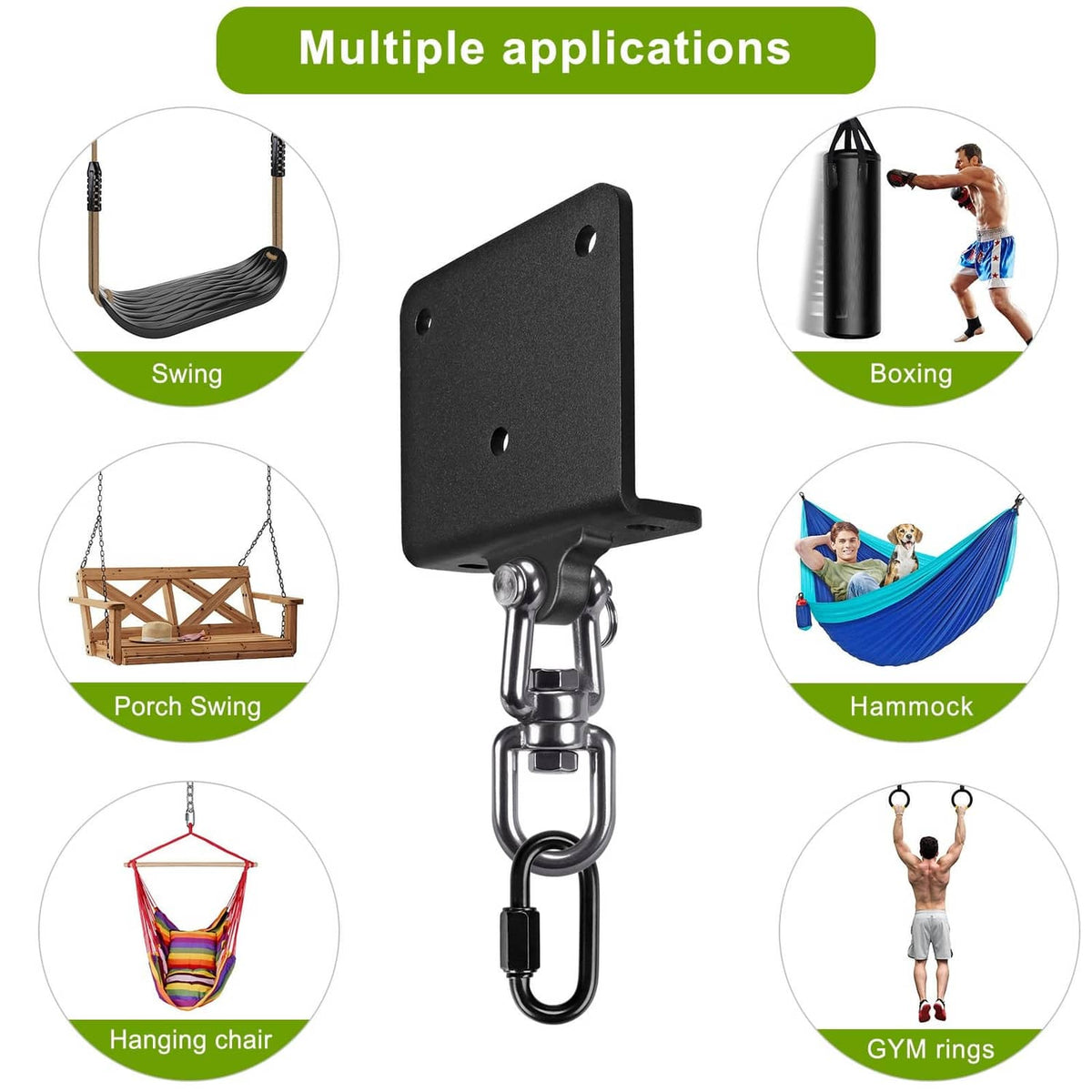 Steel swivel hanger mount for swing, boxing bag, hammock, and gym rings