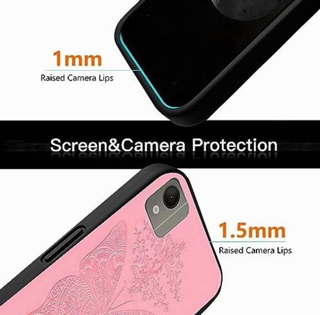 Pink phone case corner detail with raised camera and screen-protecting rim