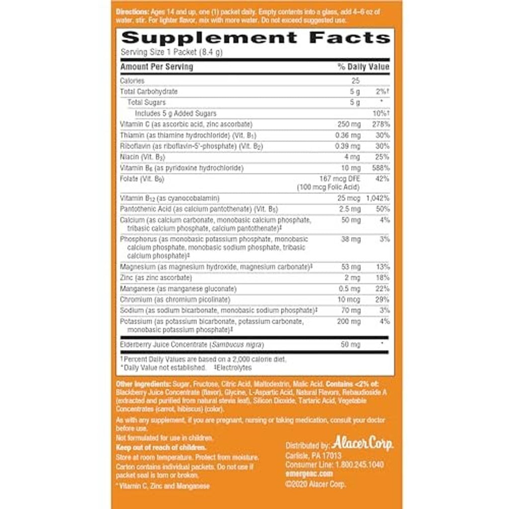 Supplement Facts label for Emergen-C Elderberry fizzy drink mix