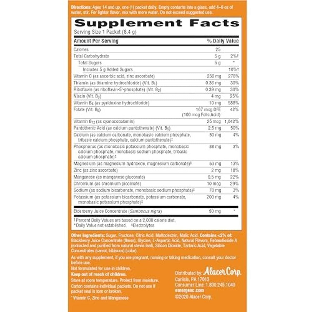 Supplement Facts label for Emergen-C Elderberry fizzy drink mix