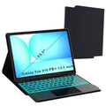 Black tablet keyboard case with turquoise backlit keys and foldable cover