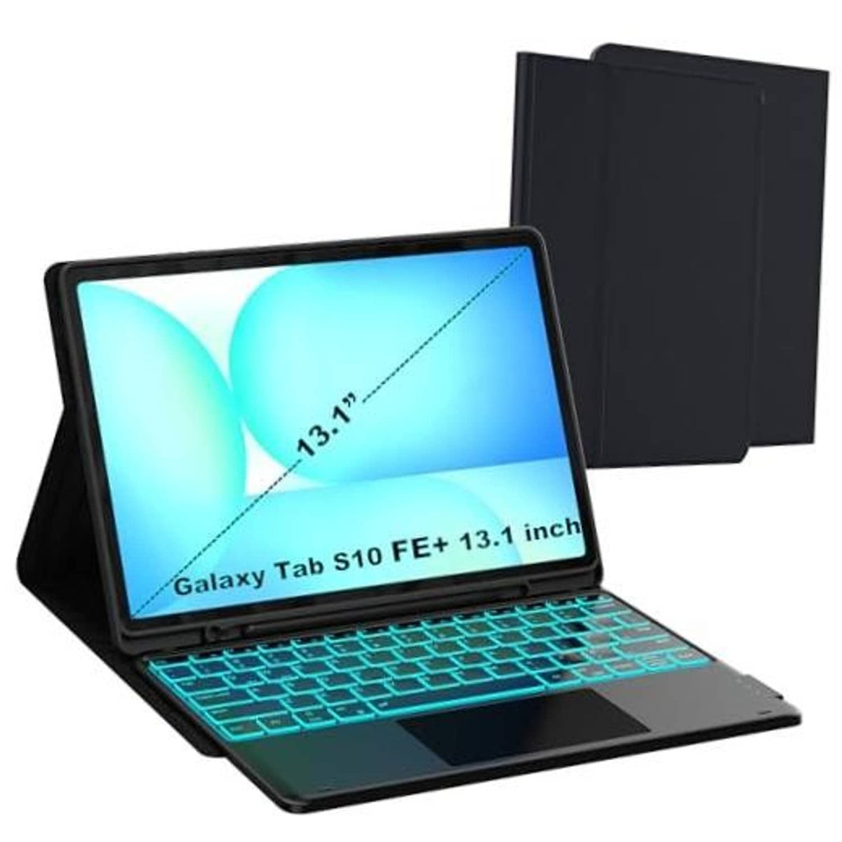 Black tablet keyboard case with turquoise backlit keys and foldable cover