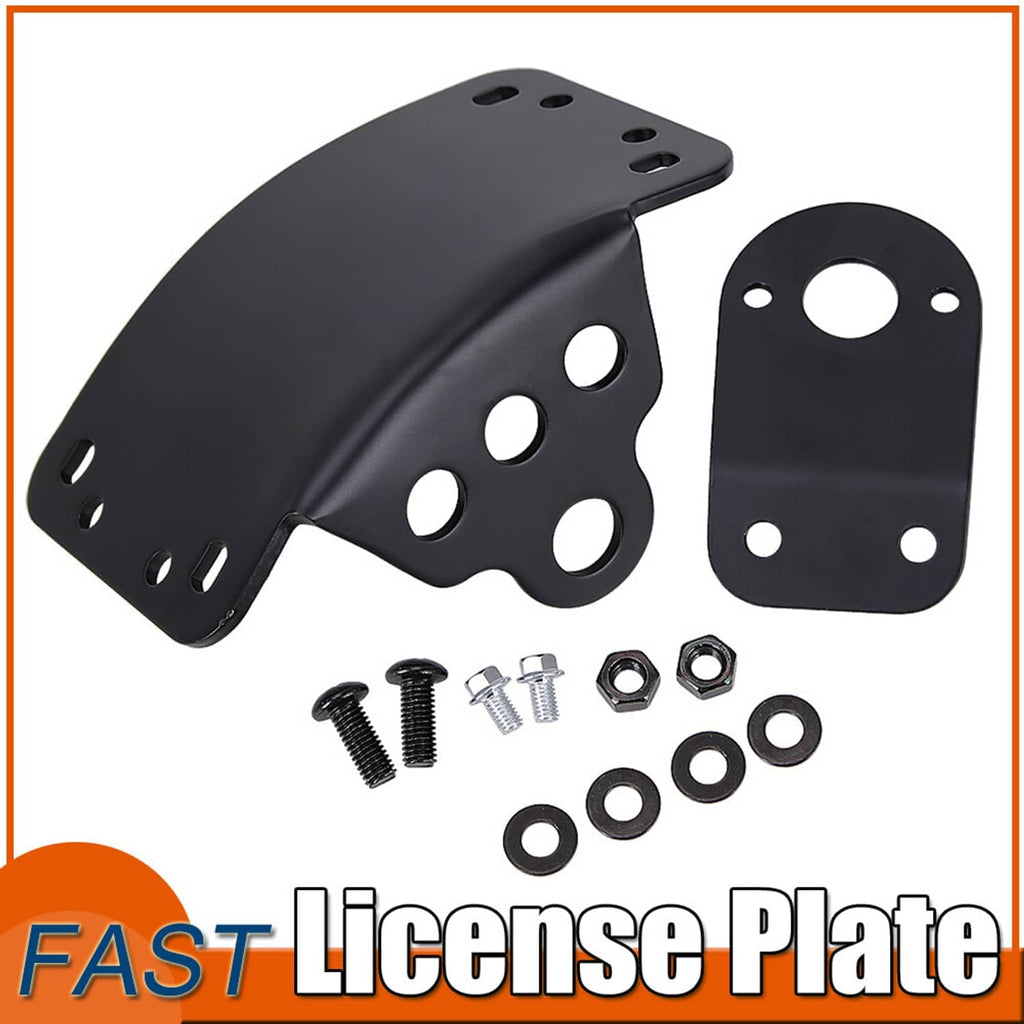Motorcycle license plate mount brackets set with black plates and mounting hardware pieces