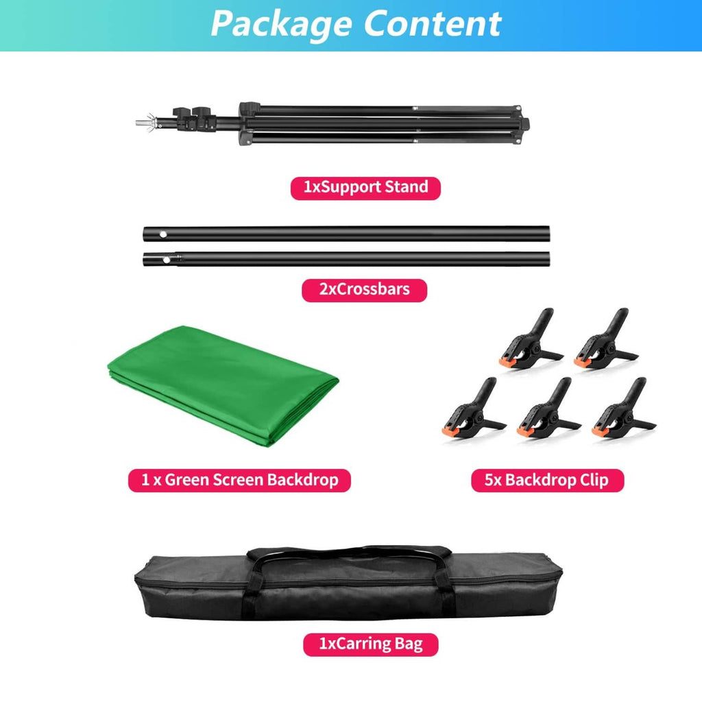Green screen kit contents: stand, crossbars, green backdrop, 5 clips, carrying bag