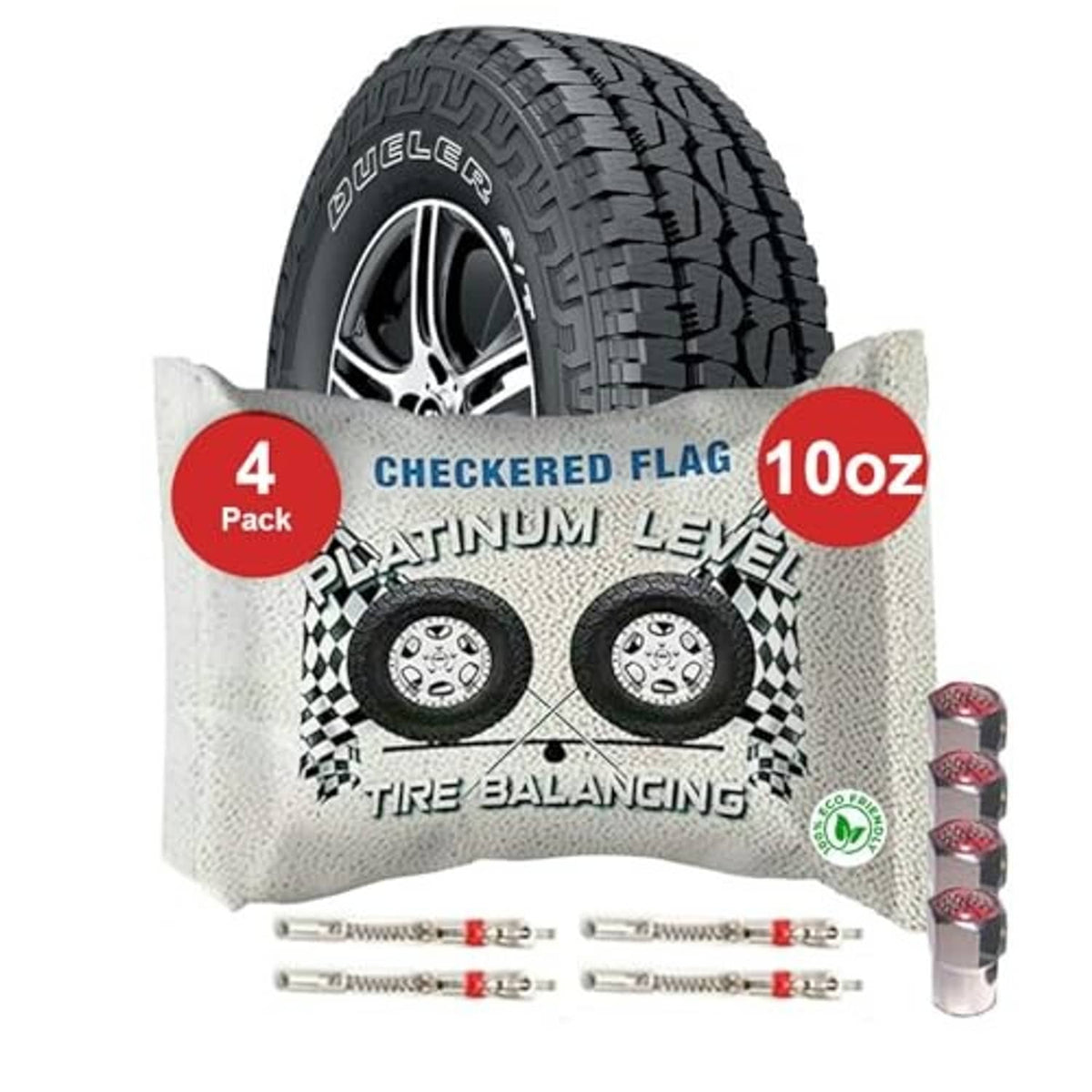 Four-pack ceramic tire balancing bead pouches with 10 oz bead vials