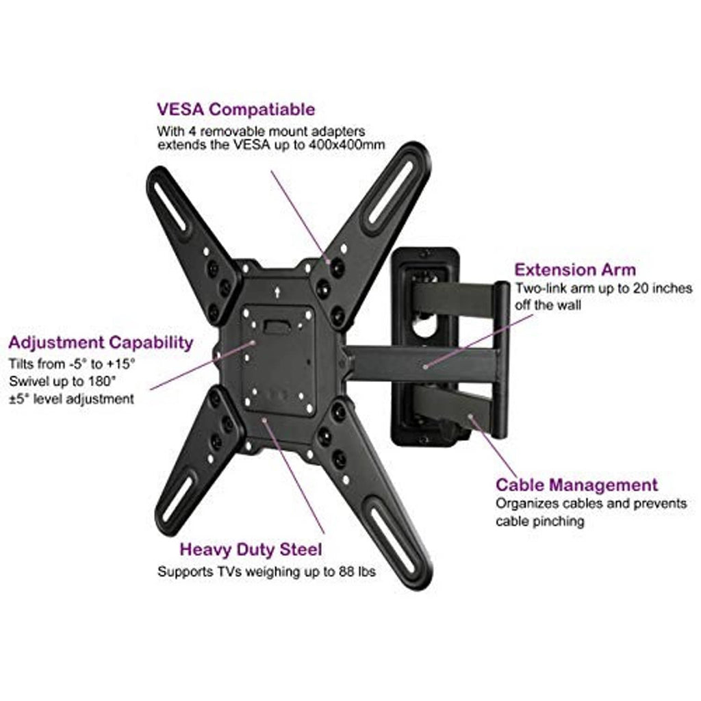 Heavy-duty TV wall mount kit with VESA compatibility, extension arm, and steel construction