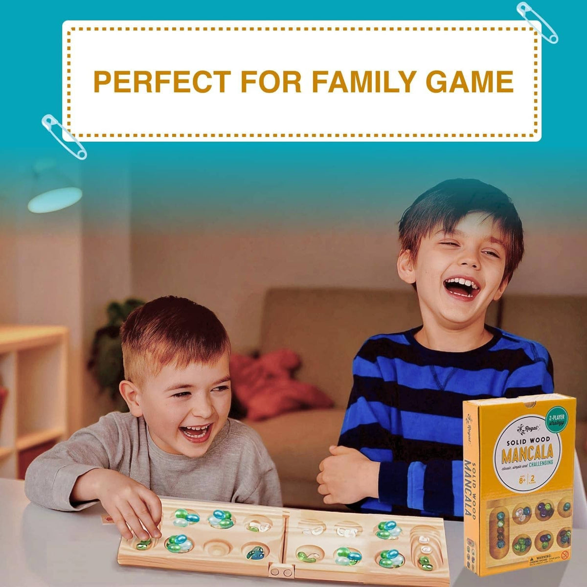 Family tabletop mancala game set with wooden board and colorful glass stones