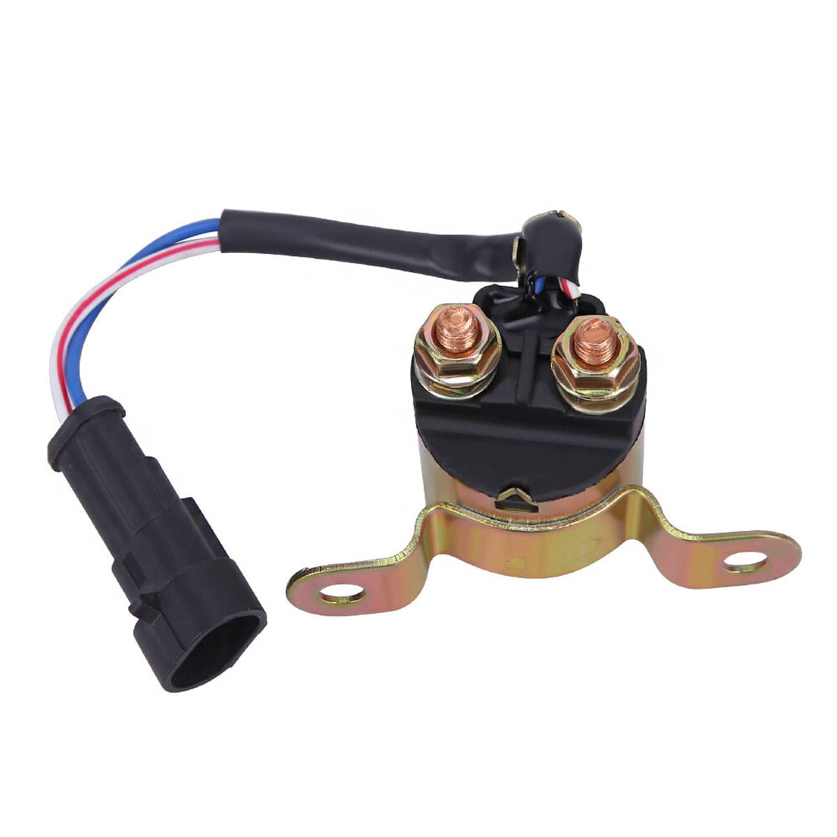 Starter solenoid relay with black connector and multicolor wire leads