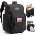 Black tactical cooler backpack with front zip pocket, side pouches, and padded shoulder straps