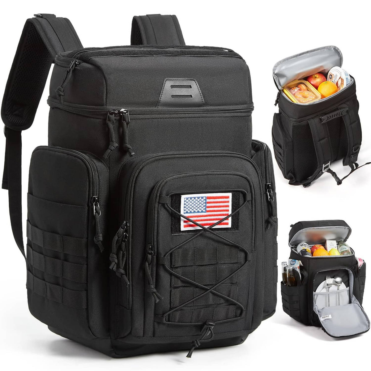 Black tactical cooler backpack with front zip pocket, side pouches, and padded shoulder straps