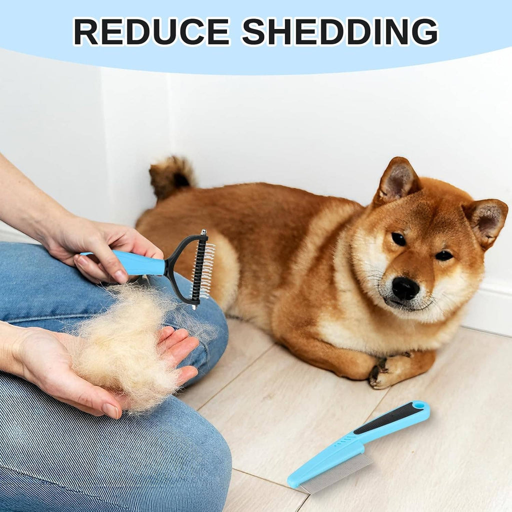 Pet de-shedding rake with blue handle and stainless teeth for removing loose fur