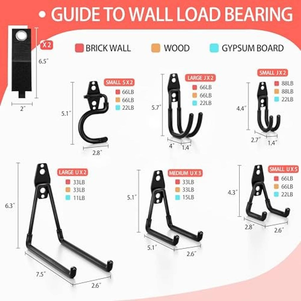Black garage hooks size guide showing different hook sizes and mounting types