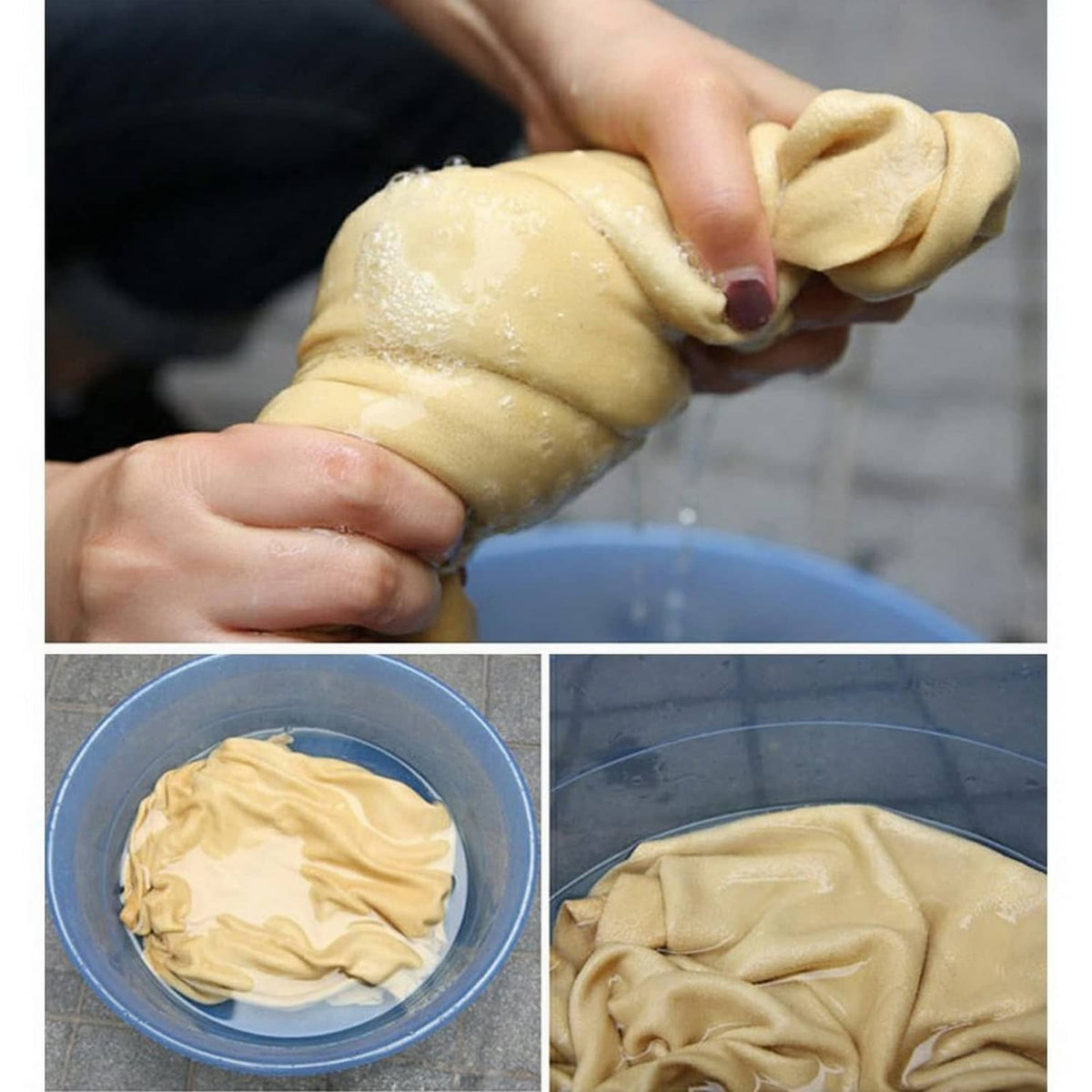 Chamois leather cleaning cloth being wrung and smoothed by hands