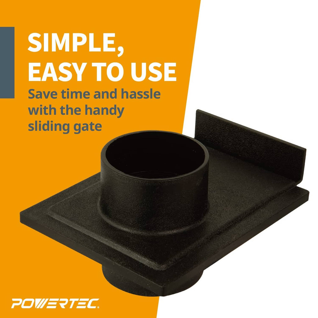 Powertec sliding blast gate for dust collector with round inlet opening, dark ABS