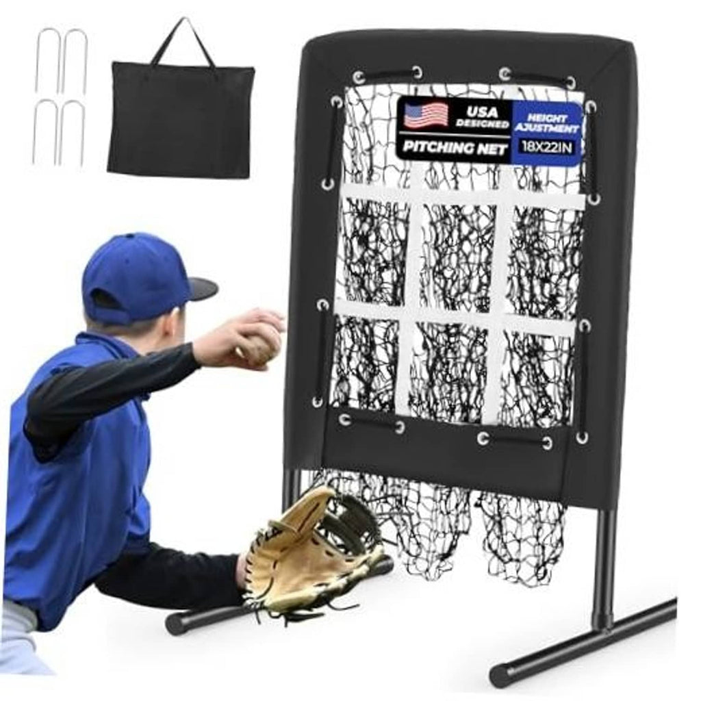 Baseball pitching strike zone net with black frame, target grid, and carry bag