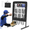 Baseball pitching strike zone net with black frame, target grid, and carry bag