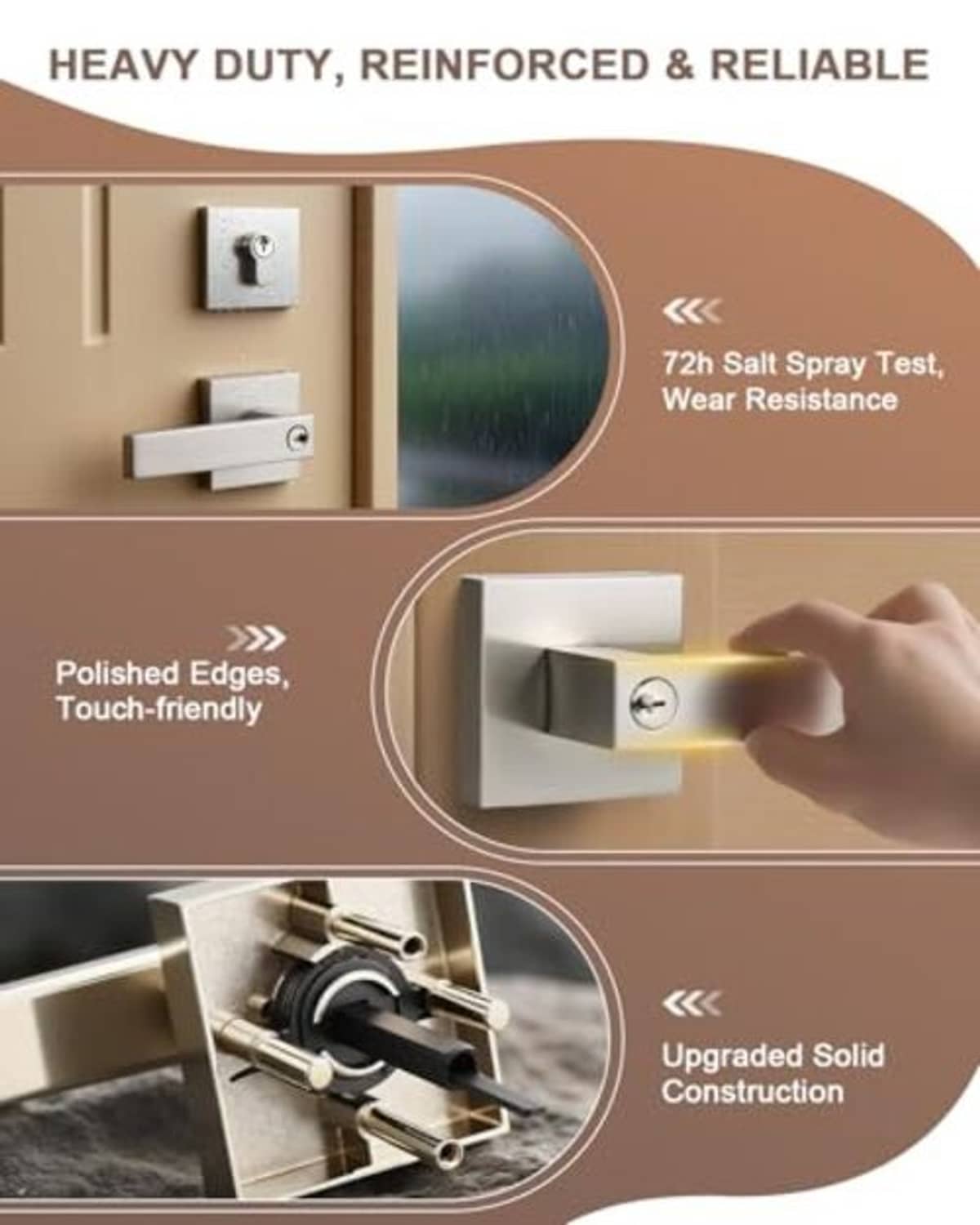 Brushed nickel deadbolt hardware set with keyed entry lever and reinforced latch