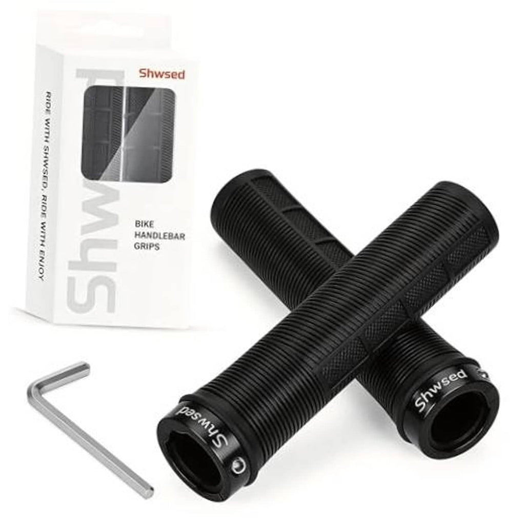 Black bike handlebar grips set with screw end caps and included hex key