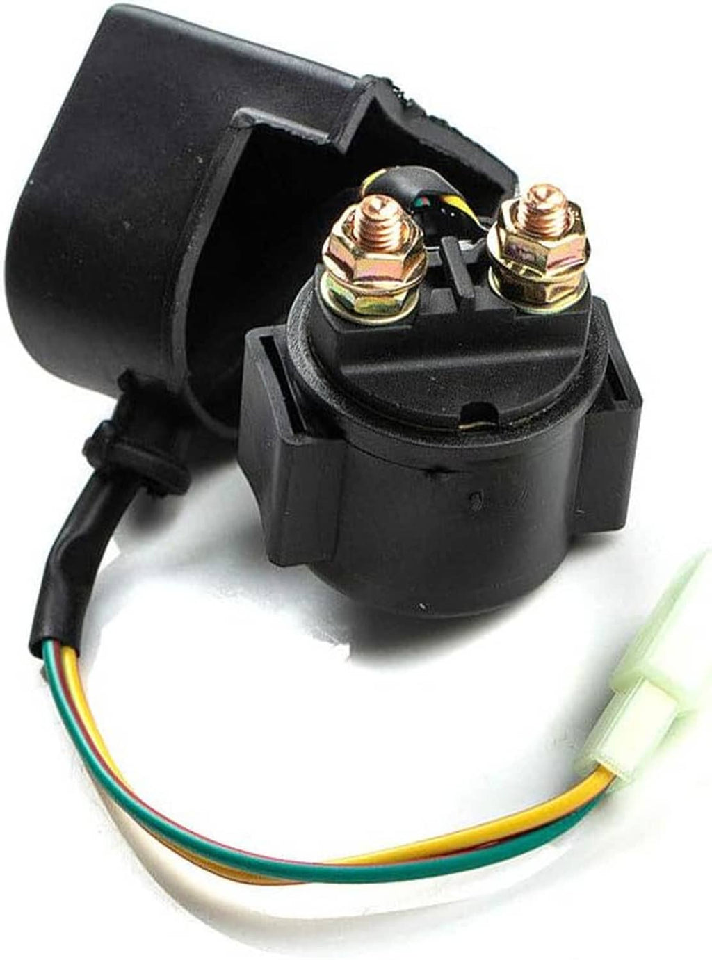 Starter solenoid relay with two terminals and wire harness, black housing.