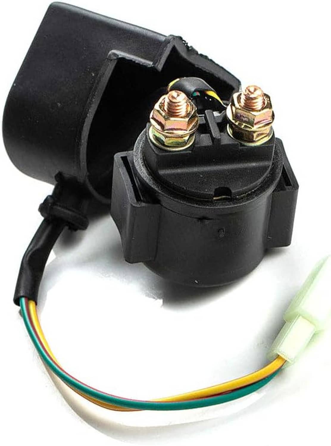 Starter solenoid relay with two terminals and wire harness, black housing.