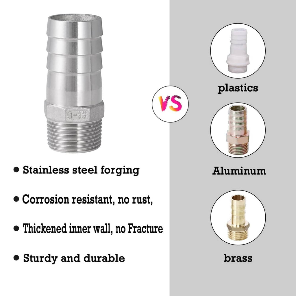 Stainless steel vs other materials comparison graphic for hose barb fitting