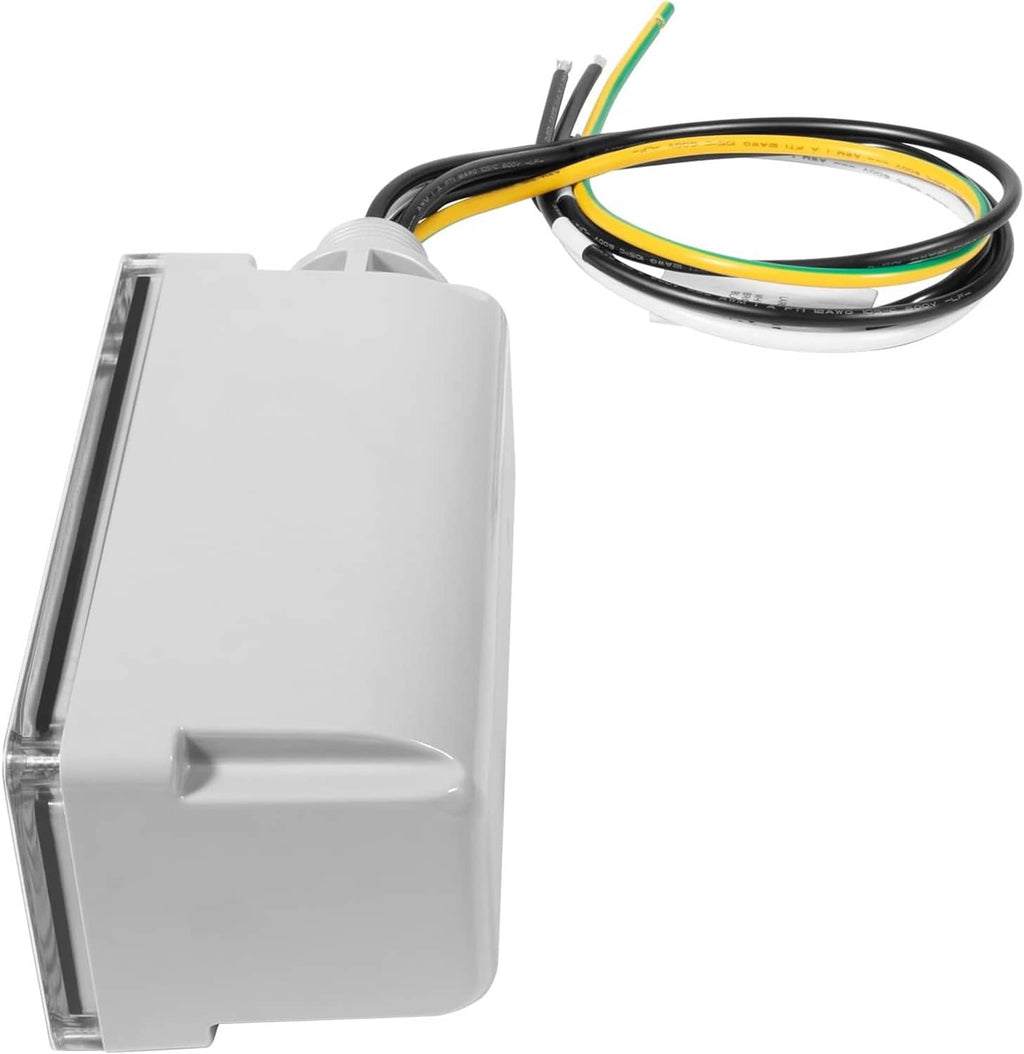 Wall-mount surge protection device with clear cover, white housing, and wire leads